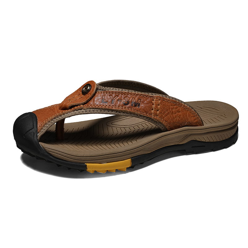 Men’s leather beach sandals outdoor sport flip flops featuring brown leather with a textured strap, black rubber sole, and yellow accent on the heel.