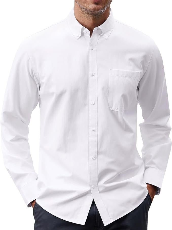 Men’s long sleeve oxford button down shirt in white featuring a chest pocket and classic collar made from breathable cotton fabric.