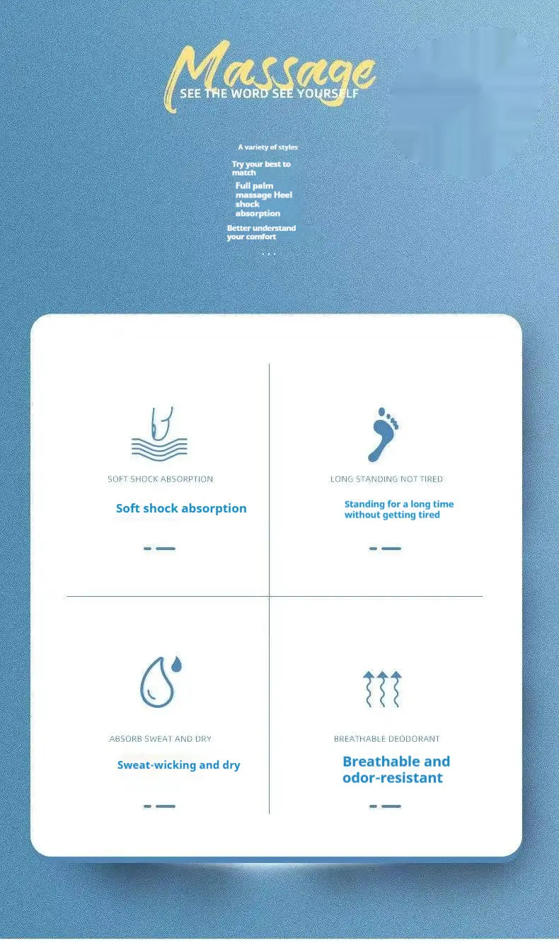 White rectangular card displaying four icons and text highlighting features of antibacterial massage insoles with shock absorbing arch support.