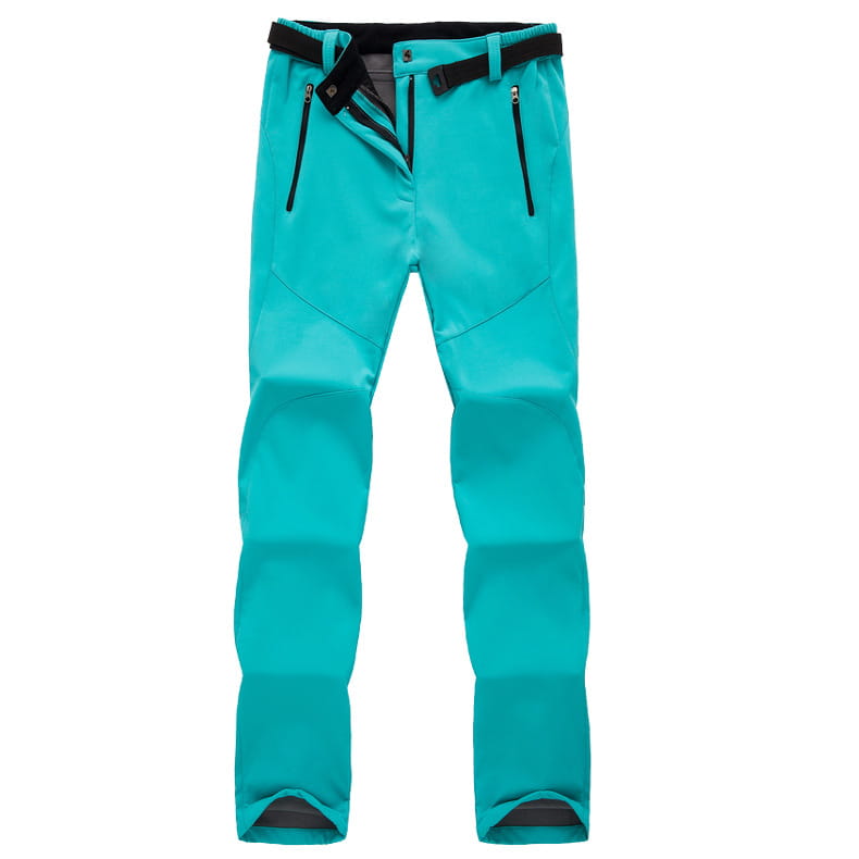 turquoise waterproof fleece ski pants for men and women featuring black zipper accents and a matching belt.