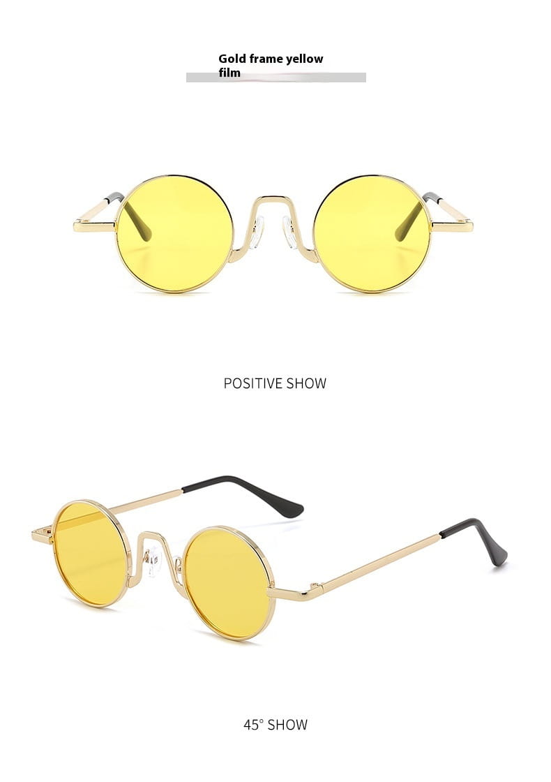retro round hip hop sunglasses featuring gold frames and vibrant yellow mirrored lenses.