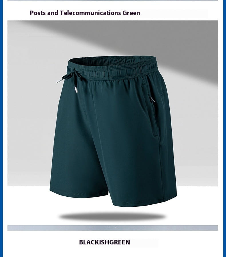 Men ice silk quick dry athletic shorts in dark green featuring an elastic waistband and black drawstring.