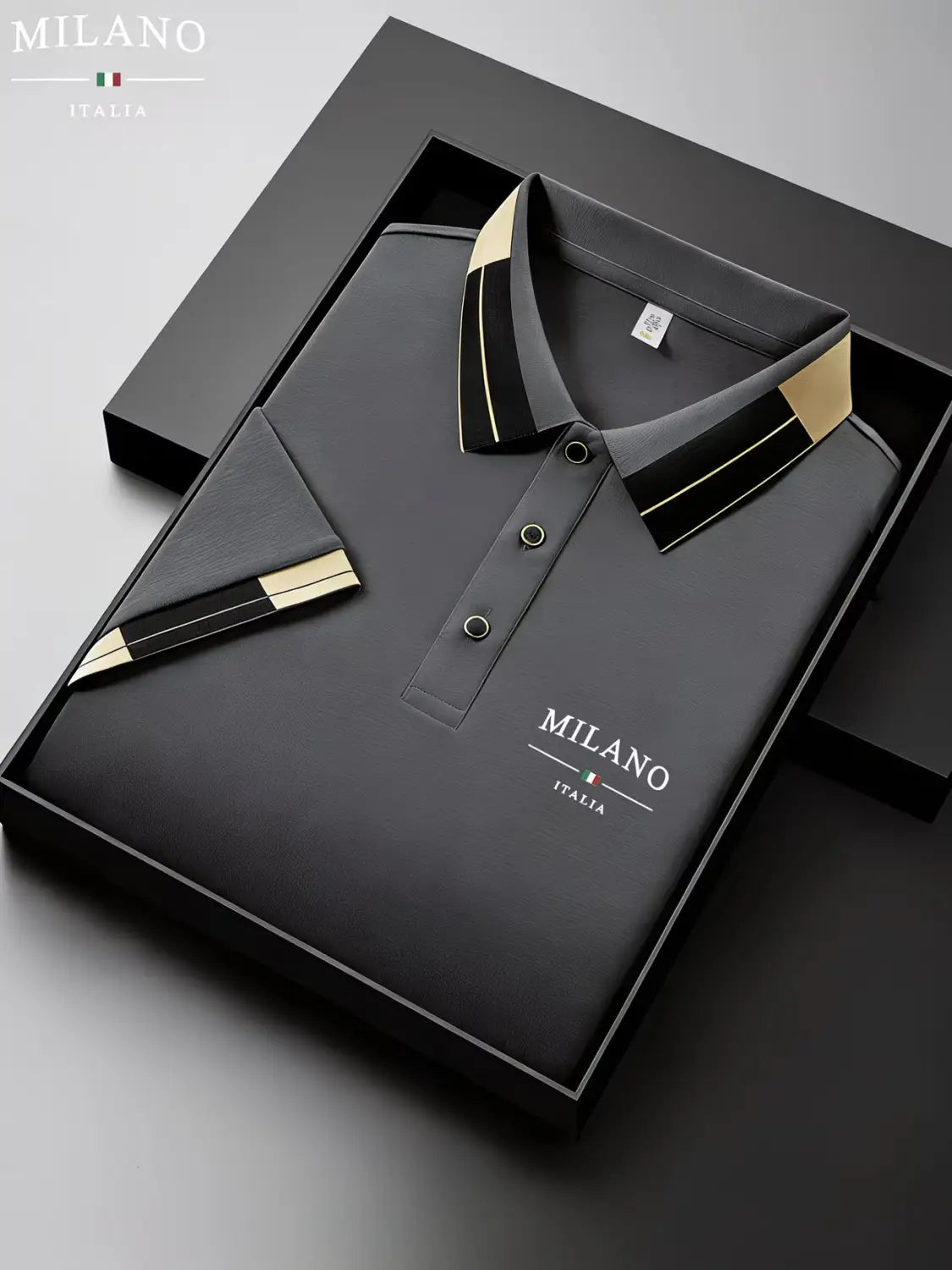 Mens slim fit striped polo shirt in black featuring a gold-trimmed collar and placket with a subtle milano italia logo embroidered on the chest.