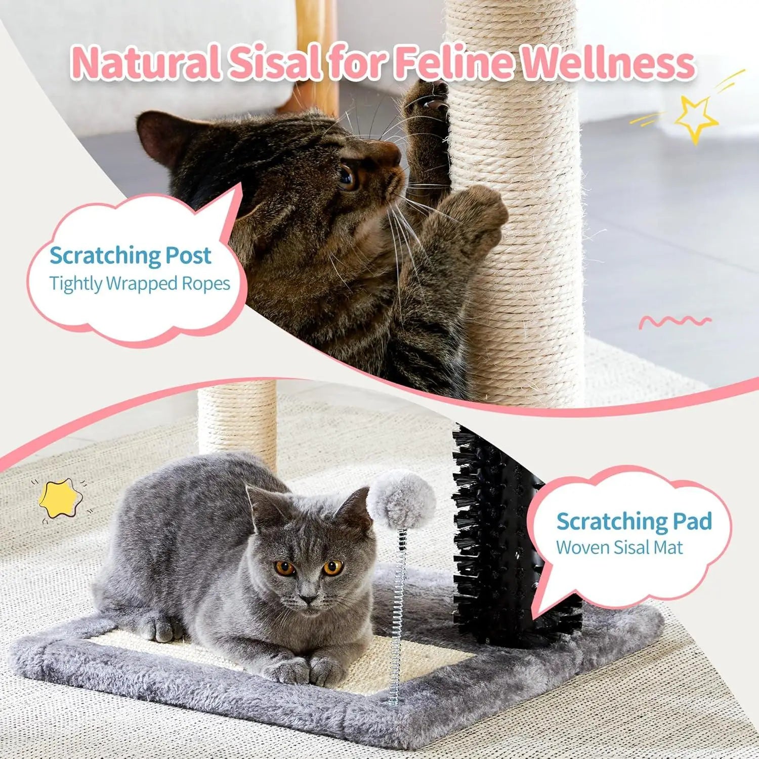 Gray cat tree tower with sisal scratching post featuring tightly wrapped natural sisal ropes and a matching gray woven sisal mat base.