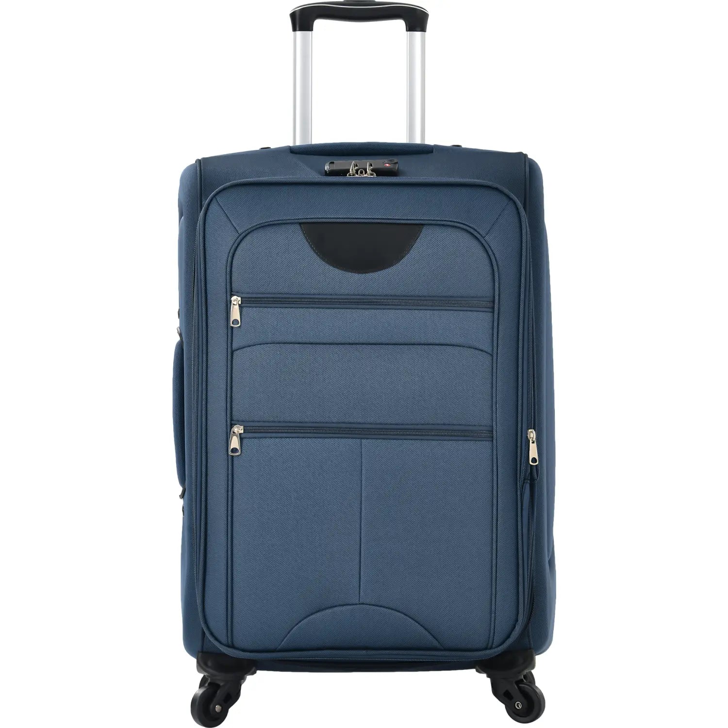 Navy blue softside expandable suitcase with silver zippers and black wheels from a 3 piece spinner luggage set.