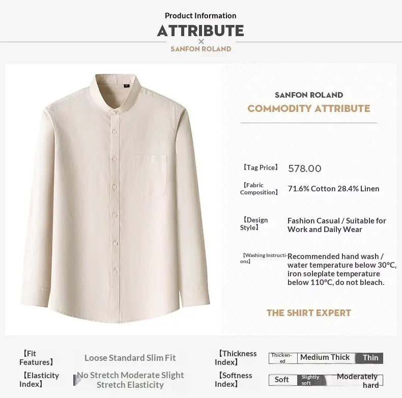 A cream-colored men linen mandarin collar slim shirt by sanfon roland made of 71.6 percent cotton and 28.4 percent linen with long sleeves and buttons.