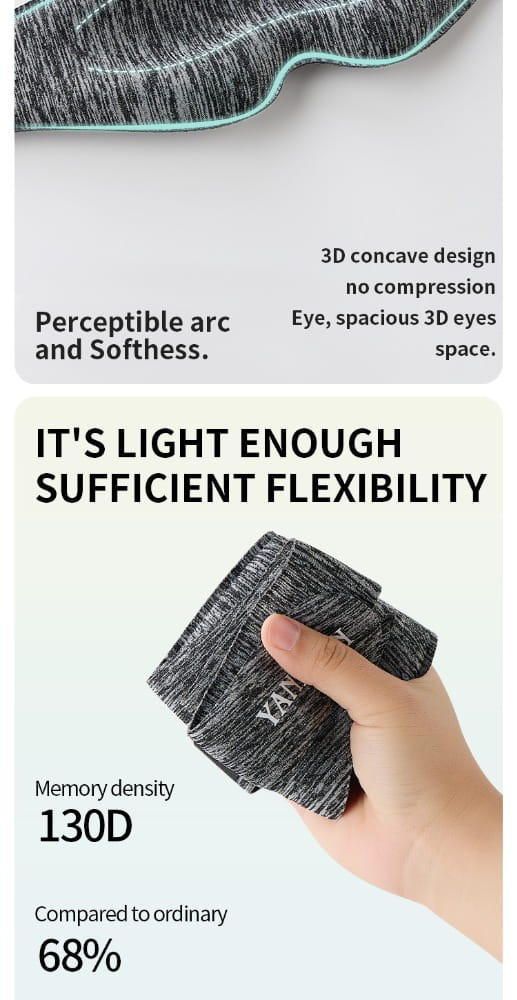 Graue 3D-Schlafmaske aus meliertem Memory-Schaumstoff mit atmungsaktivem, konturiertem Design und türkisfarbenem Besatz für Augenschattierung und komfortablen Schlaf.