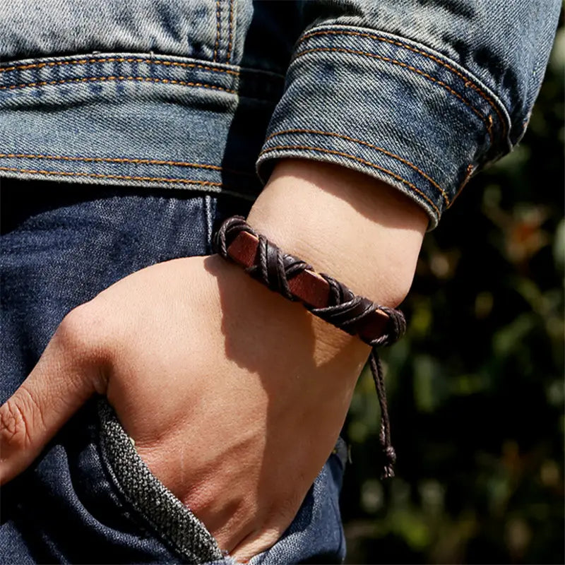 Brown braided leather bracelet with a simple rustic design from the Asgard braided leather Nordic bracelet set.