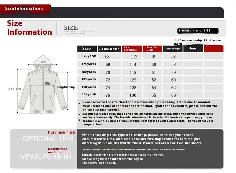 Men casual quilted jacket autumn outerwear hooded sweatshirt with size chart and measurement guide displayed.