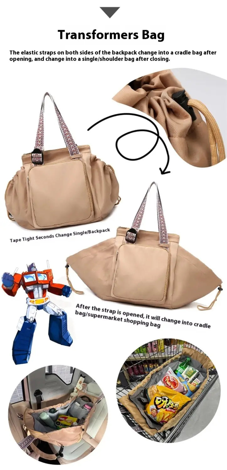 Beige multifunctional transformers-themed nylon backpack with elastic straps that convert into a cradle or single-shoulder bag featuring patterned handles and multiple compartments.