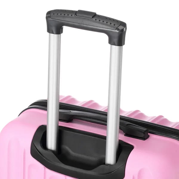 pink hard shell large capacity suitcase with black retractable handle and silver telescoping poles from the 3-in-1 hard shell suitcase set.