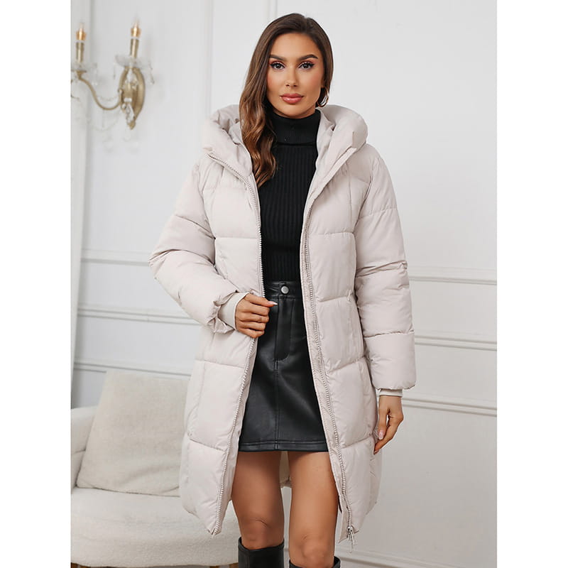 Women hooded cotton padded winter jacket in light gray with a quilted design and hood.