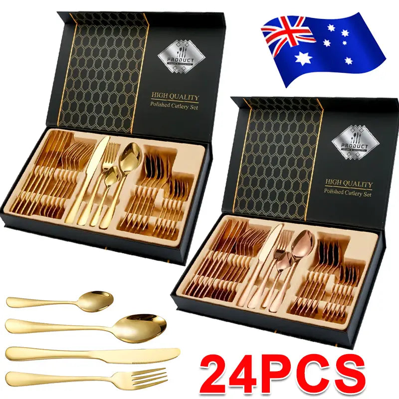 Rose gold stainless steel cutlery set 24 pieces with gold-finished utensils in a black and gold presentation box.