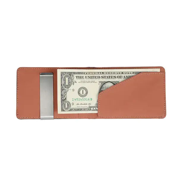 Tan leather RFID blocking slim bifold money clip wallet with a silver metal clasp holding a one dollar bill.