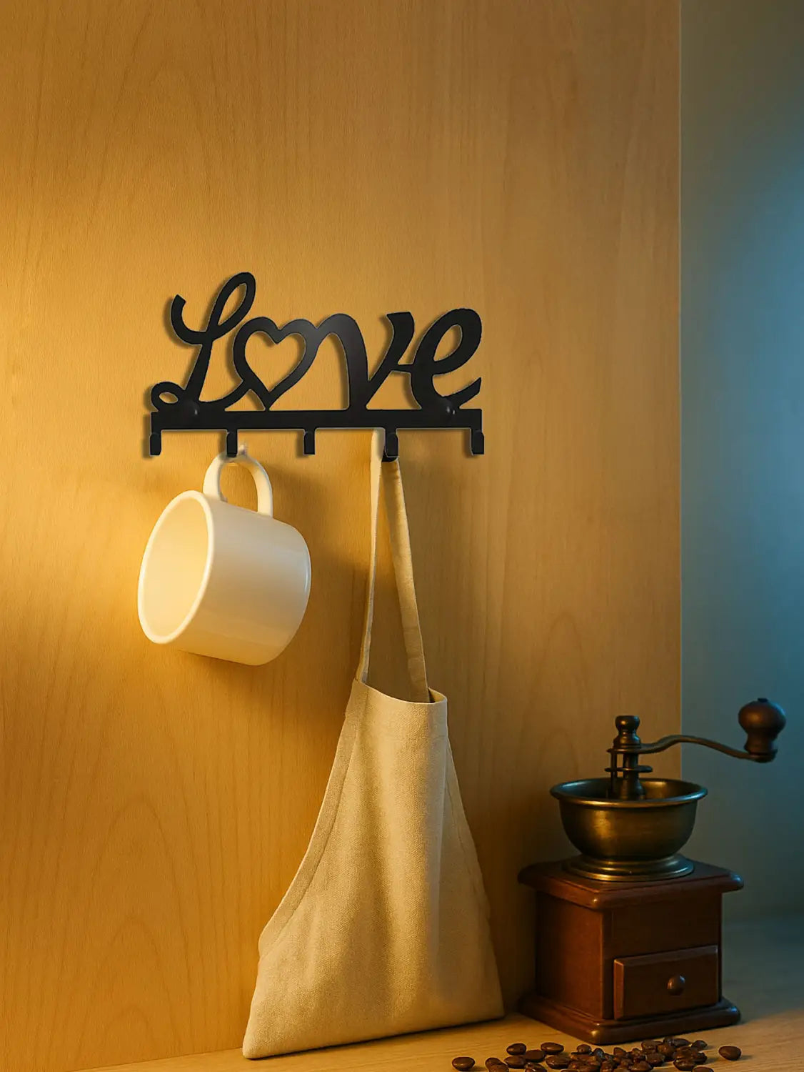 black metal love wall hook rack with heart design featuring five pegs for hanging keys and items