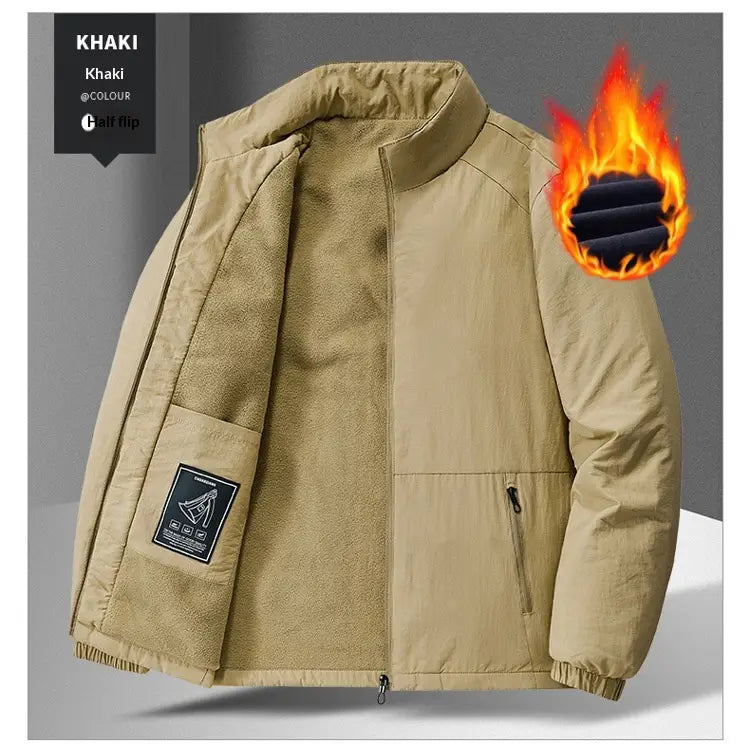 Khaki-colored quilted fleece stand collar sports jacket featuring a half-zip design and fleece-lined interior.