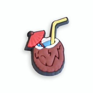 brown coconut-shaped food themed shoe charm with a red umbrella and yellow straw for sandals and clogs