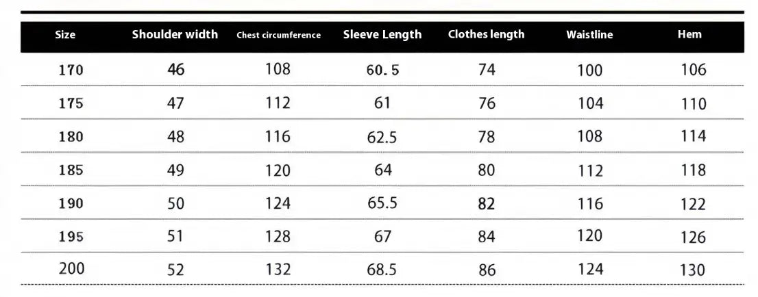 Size chart for a women’s sweater showing measurements in inches for sizes 170 to 200 alongside a men woolen coat zipper trench jacket product.