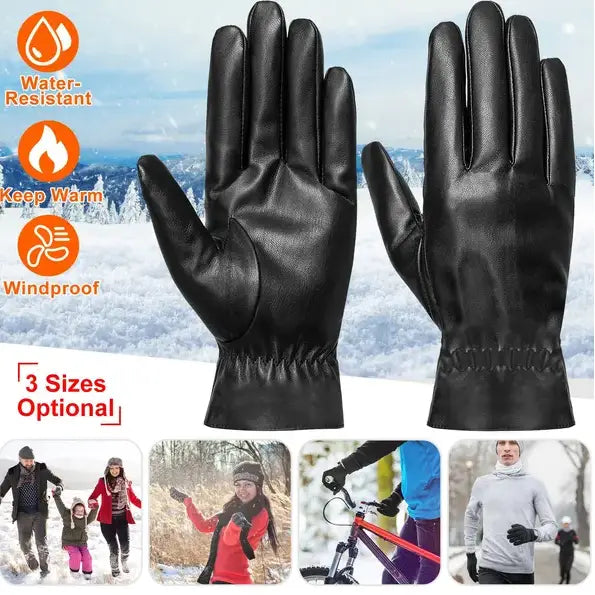 Schwarze Leder-Winterhandschuhe mit passgenauem elastischem Bündchen, von der Rückseite dargestellt, als warme, winddichte Fahrhandschuhe ausgelegt.