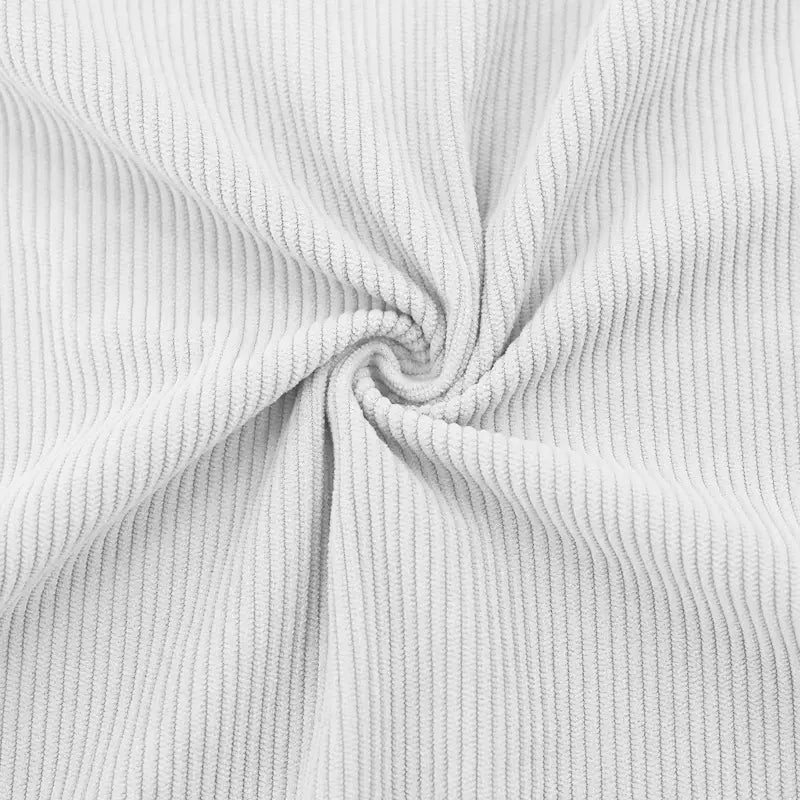 Slim fit corduroy patchwork pullover with contrast accents featuring white corduroy fabric with distinct vertical ribs and a soft textured surface.