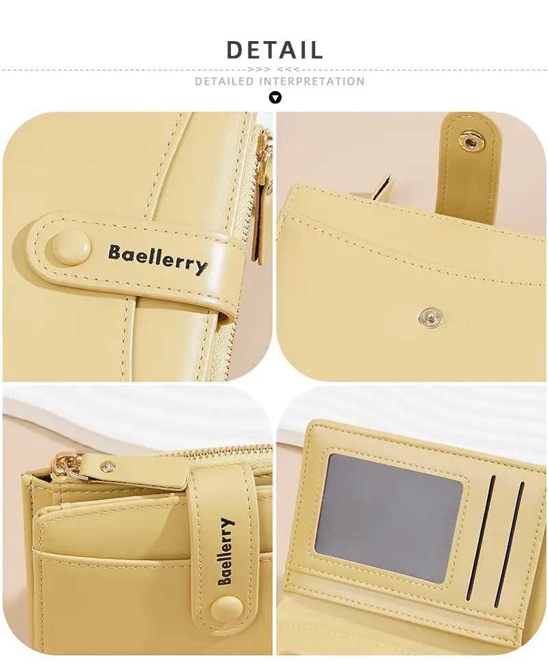 Cartera de mujer de cuero beige Baellerry, cartera corta de cuero PU, con cremallera en tono dorado y cierre mediante botón, con correa con marca Baellerry.