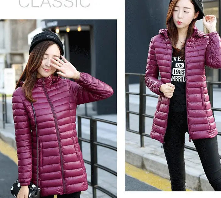 Manteau matelassé à capuche, coupe slim ajustée, bordeaux, pour femmes, en coton, avec capuche et fermeture éclair frontale.