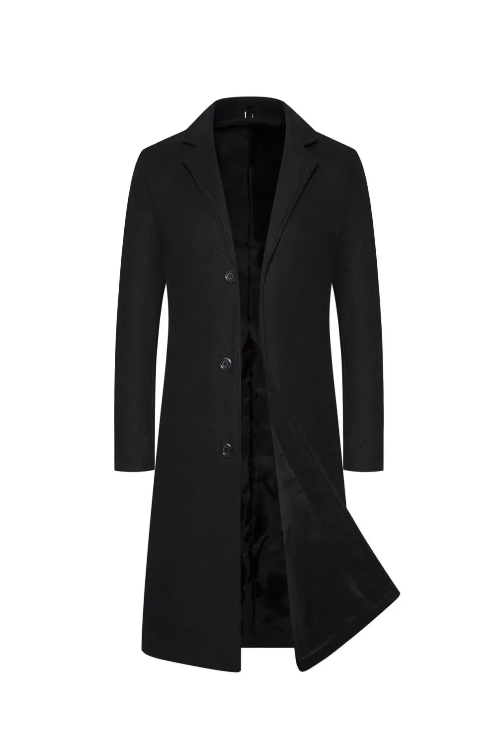 Black wool trench coat mens mid length thick winter jacket with a notched collar three silver buttons and plush black fur lining