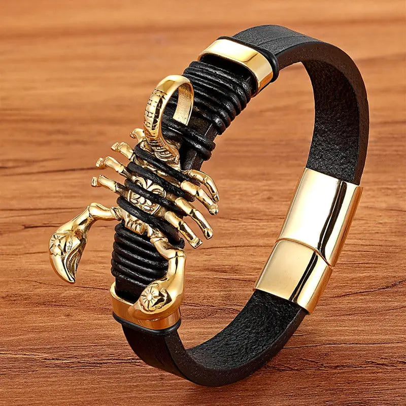 black leather scorpion bracelet with gold magnetic clasp and detailed gold-toned scorpion charm