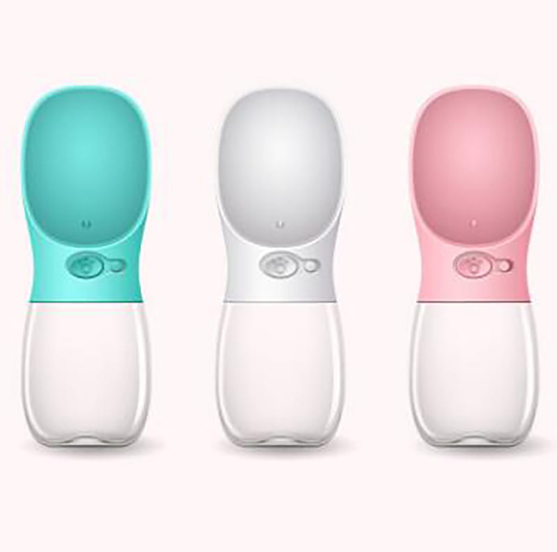 Three pet water bottles with teal white and pink silicone tops and clear plastic bases designed as portable outdoor leakproof cups.