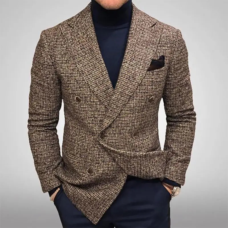 A stylish brown and beige herringbone double breasted knit blazer for men with a classic tailored fit.