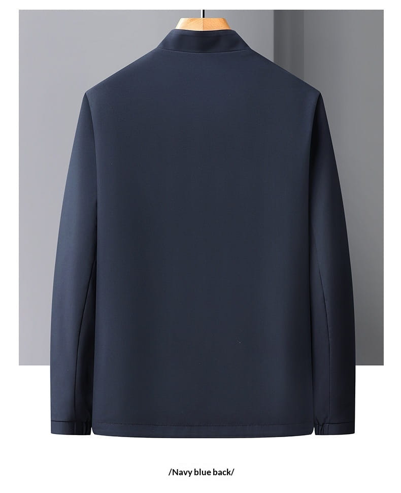 Men casual business stand collar jacket in navy blue with sleek modern design and subtle stitching details.