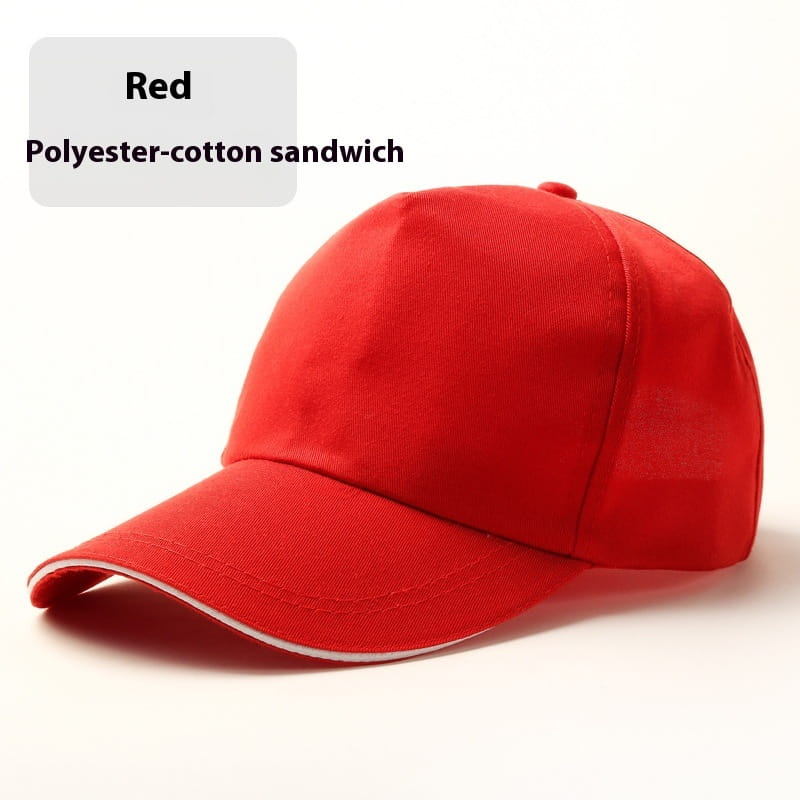 Chapeau de soleil unisexe en coton et polyester, type casquette de baseball, couleur rouge, fabriqué en tissu intercalaire polyester-coton avec une bordure blanche le long du bord.