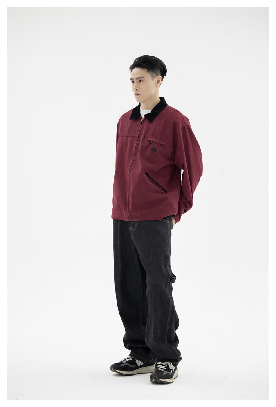 Maroon retro washed Detroit utility jacket for men with a black collar and front zipper closure.