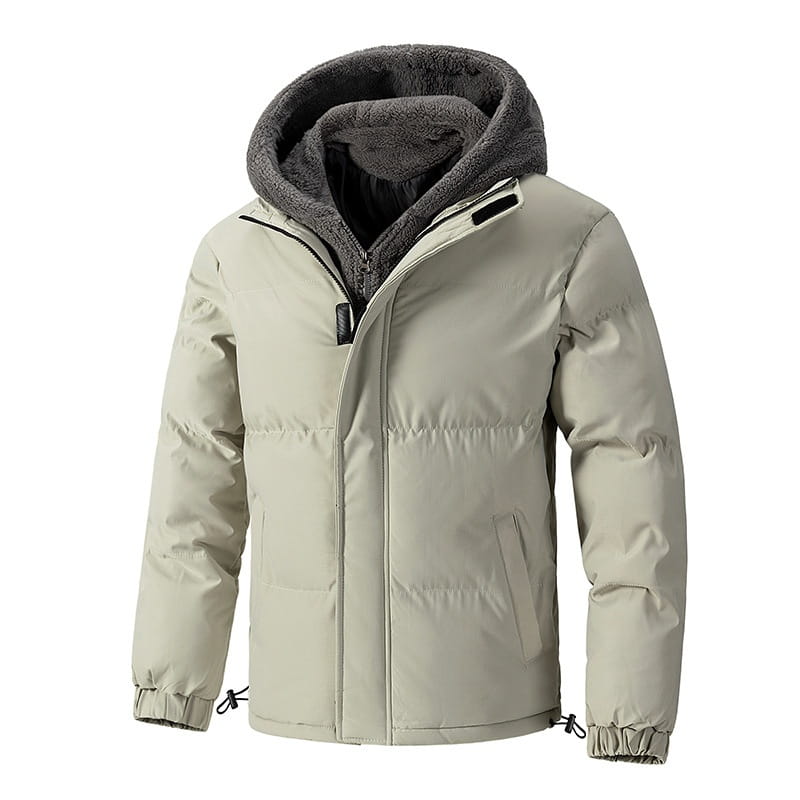 Beige men’s fleece hooded quilted puffer jacket with a plush gray-lined hood and drawstring cuffs.