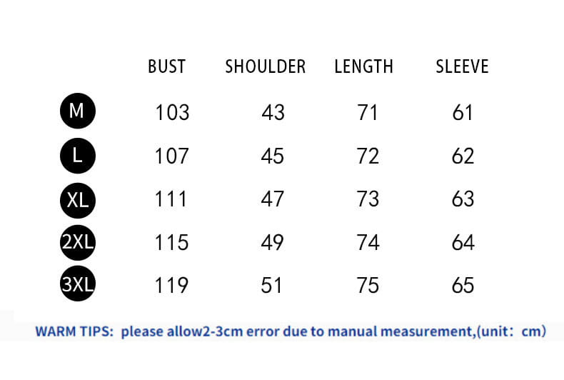 Guide des tailles pour chemise homme décontractée à manches longues, présentant des mesures en centimètres pour la poitrine, l’épaule, la longueur et la manche, de la taille M à 3XL.