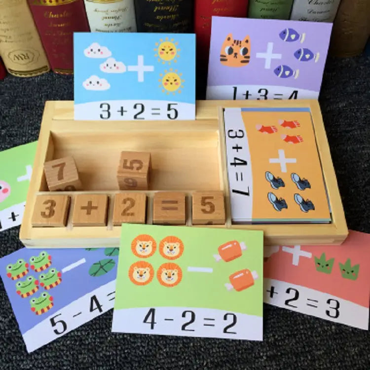 wooden math learning set with addition blocks featuring colorful illustrated cards and numbered wooden blocks for educational math activities.