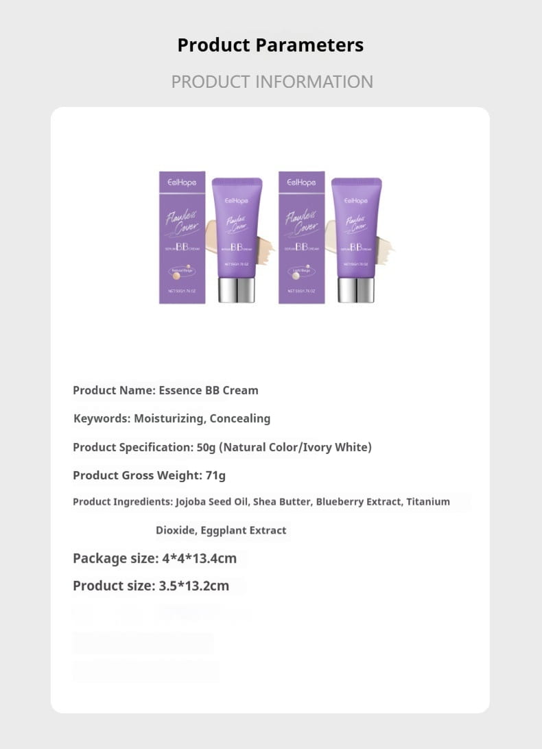 Tube violet d’essence bb crème à la couvrance parfaite, sérum hydratant 50 g, avec capuchon argent et étiquette blanche détaillant des informations sur le produit.