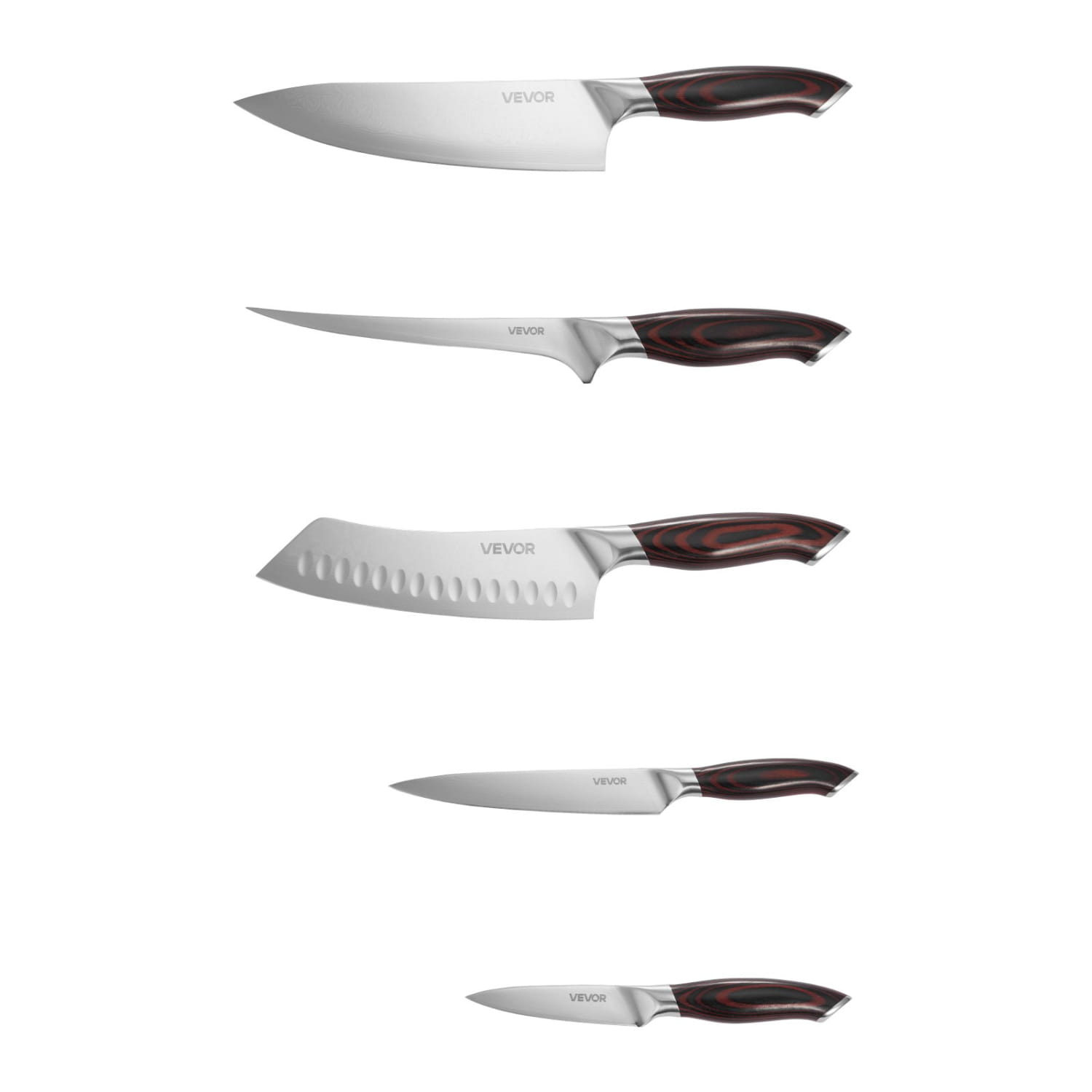 Set of five vevor kitchen knives featuring stainless steel blades and dark reddish-brown wood-grain patterned handles suitable for chef use.