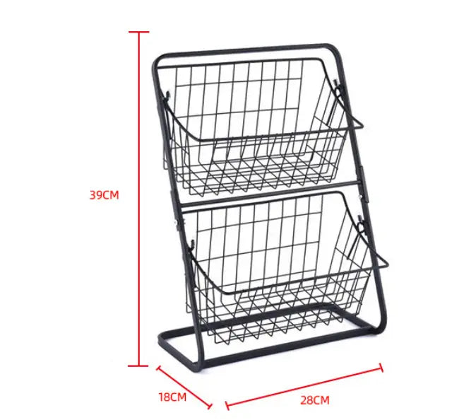 panier de rangement à deux niveaux en fil métallique noir, conçu comme un panier à fruits et un support de rangement pour la cuisine
