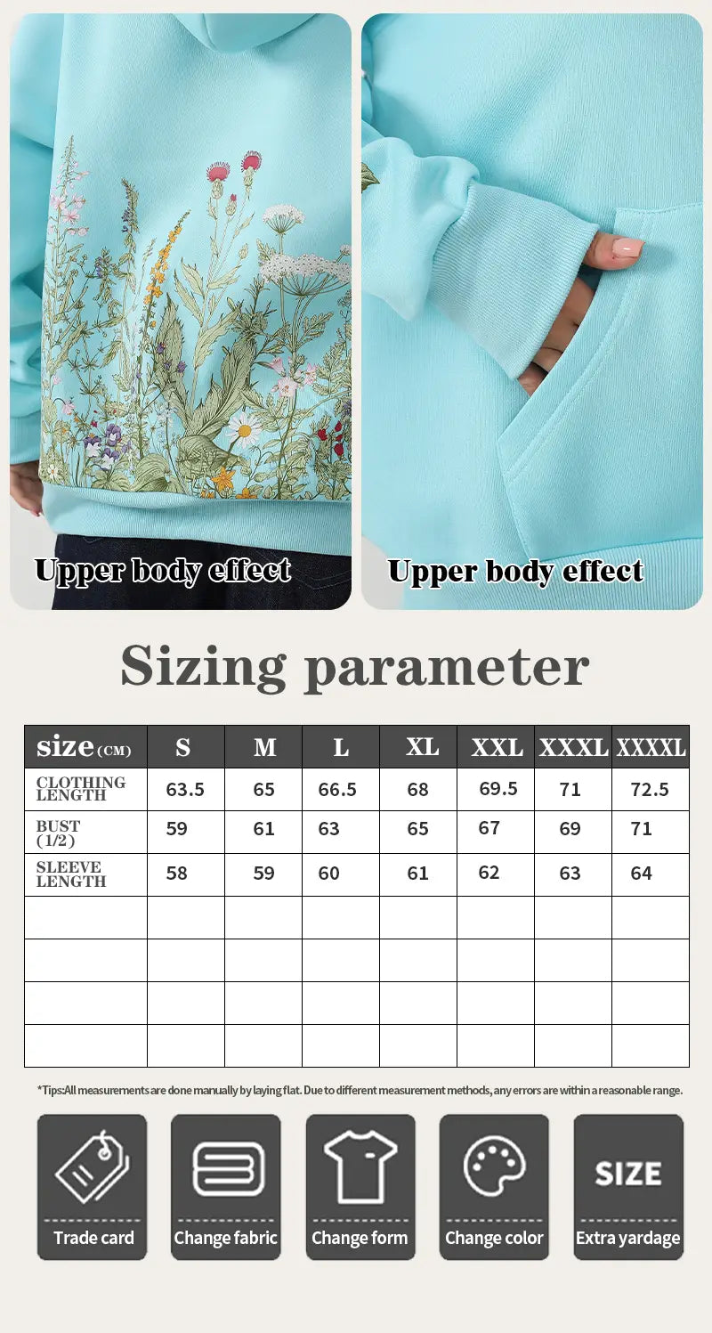 Light blue women’s floral embroidered long sleeve hoodie featuring a detailed floral pattern across the front.