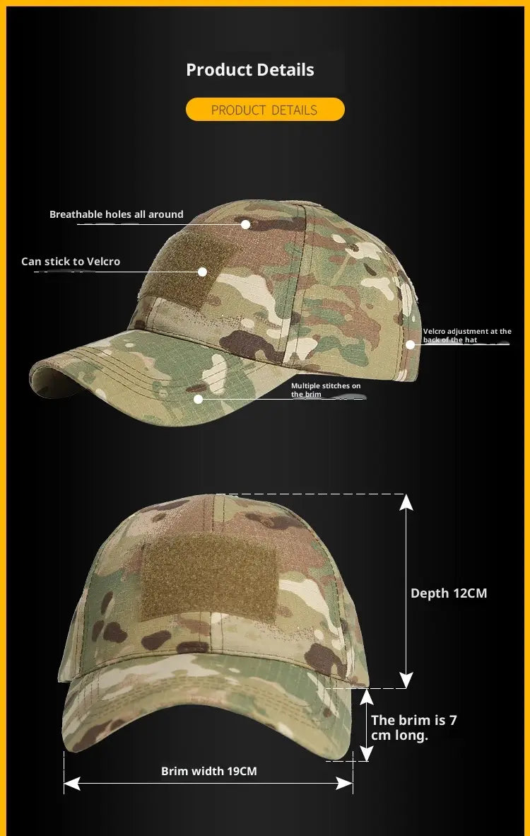 Tactical camouflage mens baseball cap with adjustable velcro strap and breathable mesh panels designed as a military sun hat.