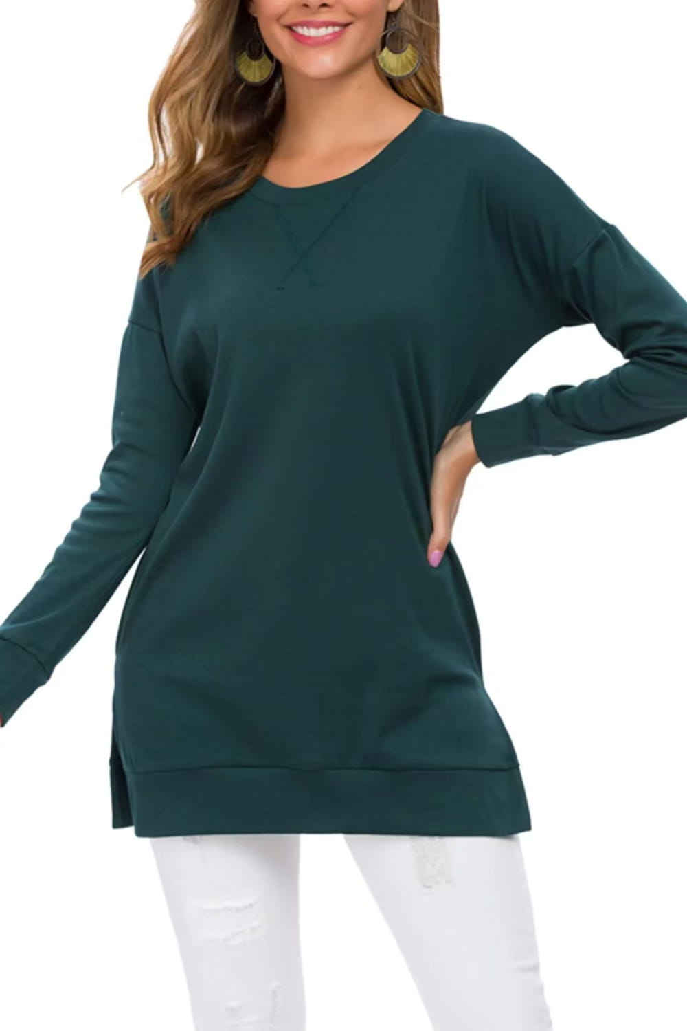 dark green long sleeved womens split front relaxed knit sweater with side slits and a relaxed fit