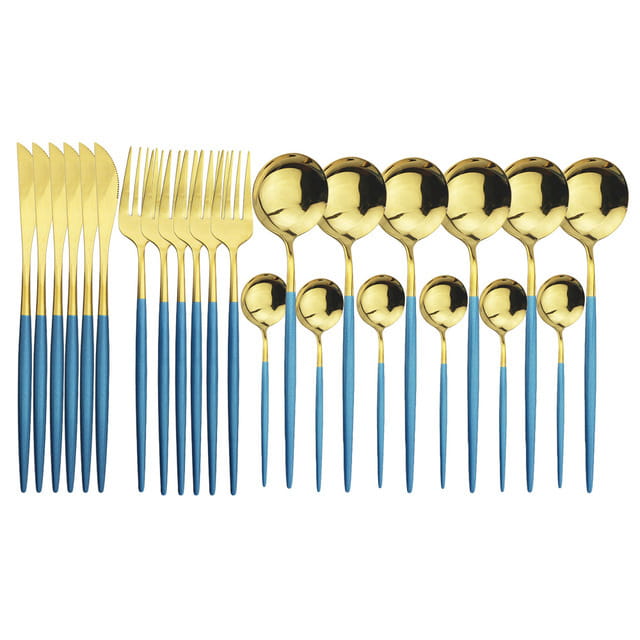 Gold and blue two-tone stainless steel cutlery set with a sleek modern design ideal for elegant dining and featuring 24 pieces in the gold stainless steel cutlery 24pc pink two-tone set.