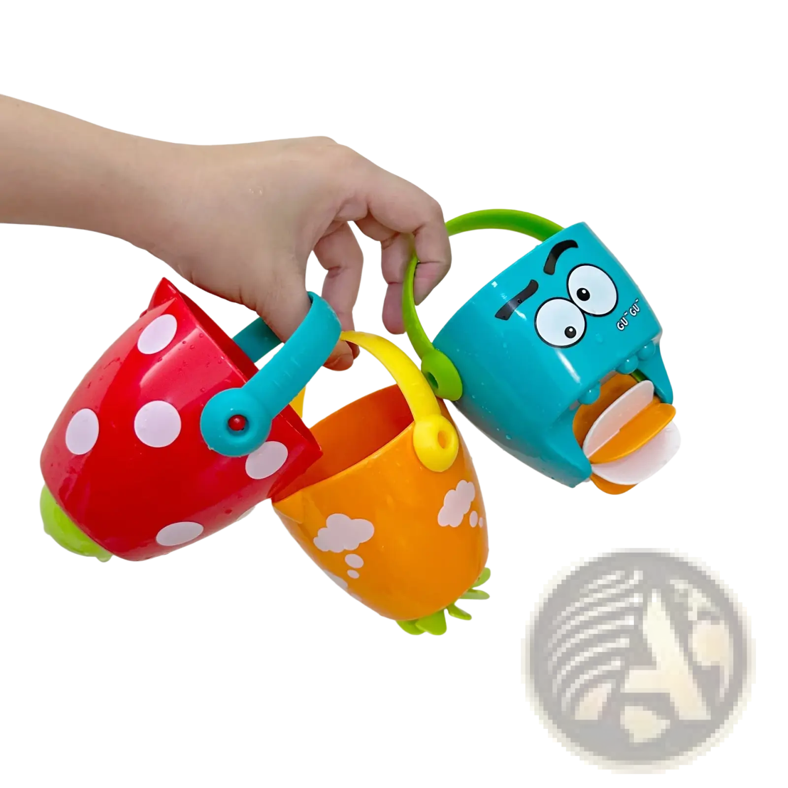 A hand holds three colorful plastic baby bath buckets with playful designs for water spraying toy set use