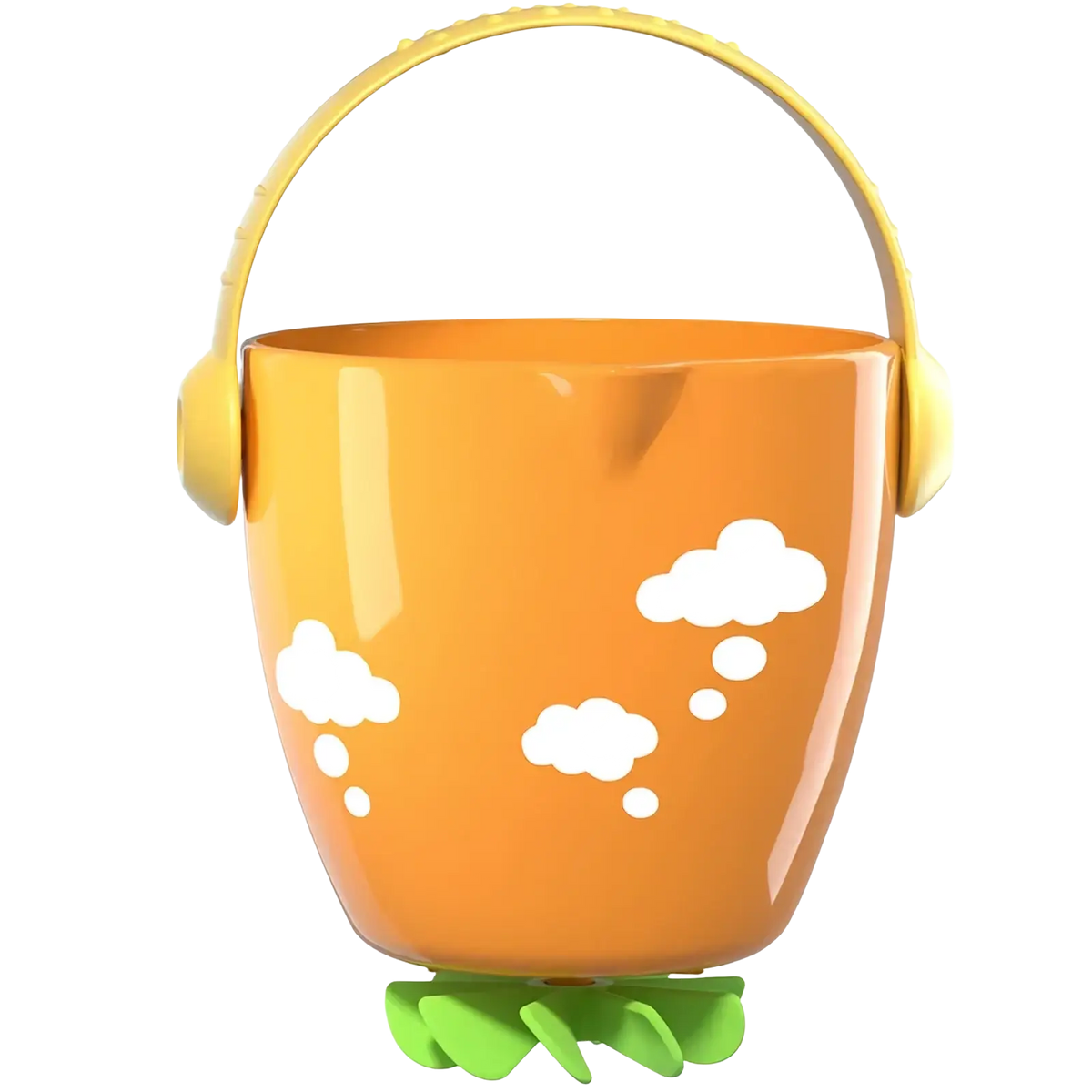 Orange plastic baby bath bucket with yellow handle and green leafy base decorated with white cloud decals for water play