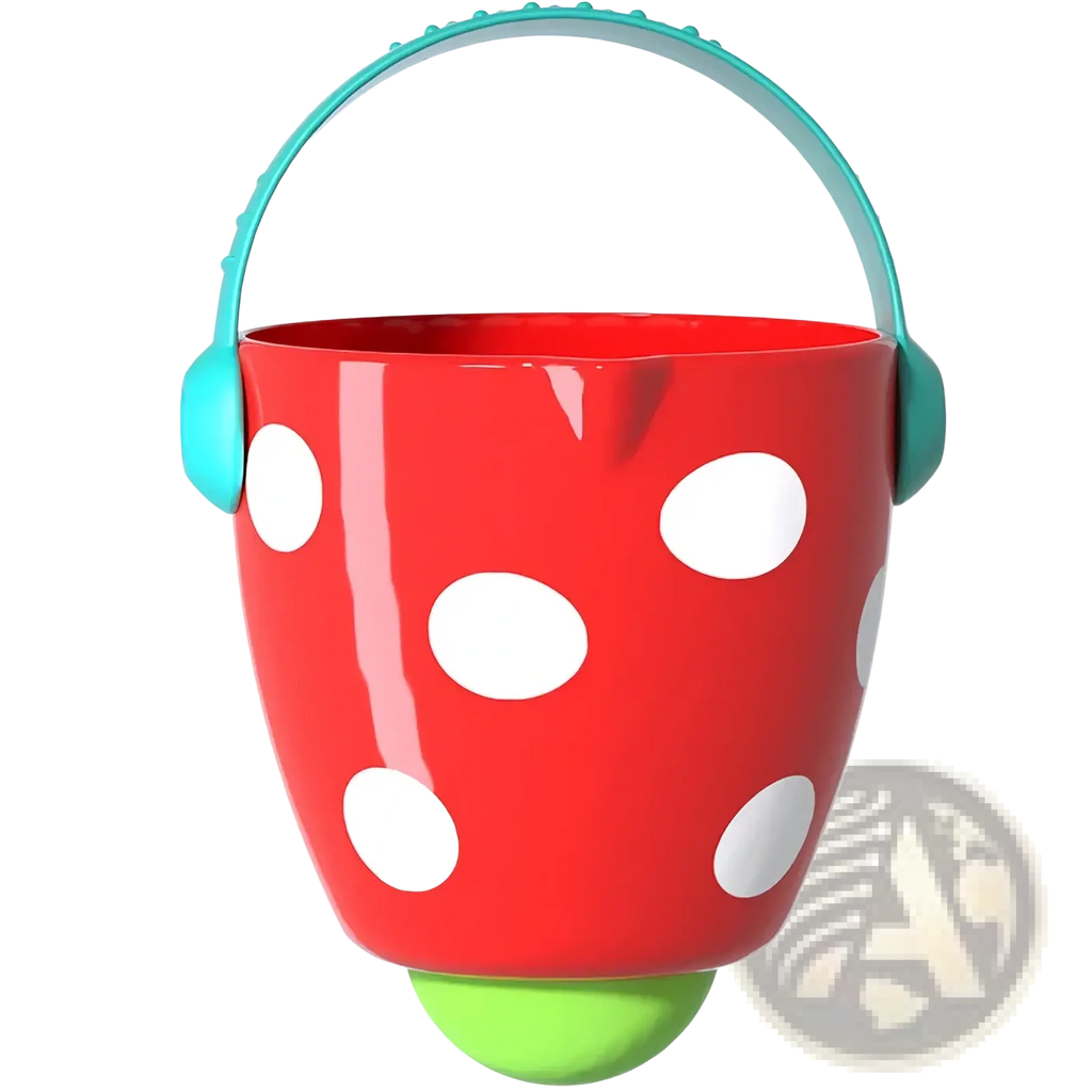 Red strawberry-shaped baby bath bucket with white polka dots teal handle and green stem for water spraying toy set