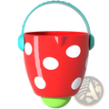 Red strawberry-shaped baby bath bucket with white polka dots teal handle and green stem for water spraying toy set