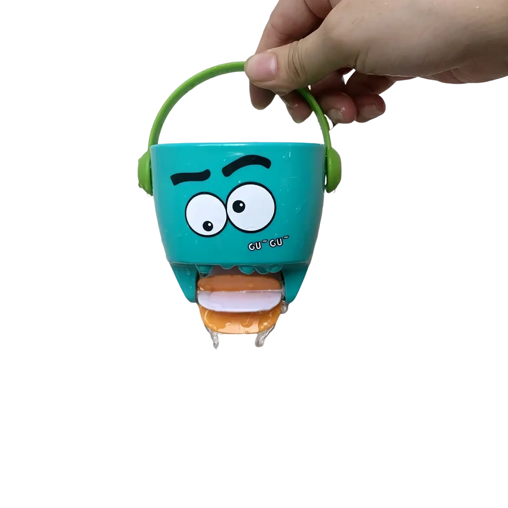 Teal plastic baby bath bucket with green handle, cartoon face design, and gu gu text for water spraying toy set