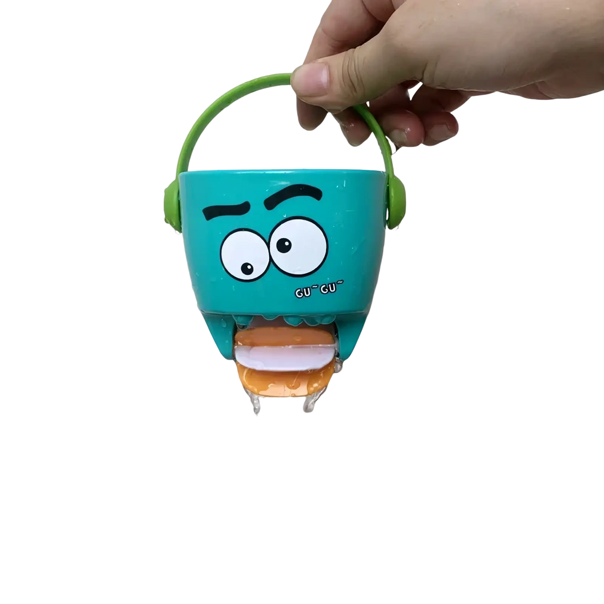 Teal plastic baby bath bucket with green handle, cartoon face design, and gu gu text for water spraying toy set