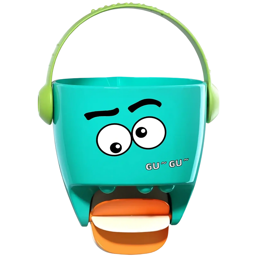Teal plastic baby bath bucket with green handle and cartoon face for water spraying toy set use